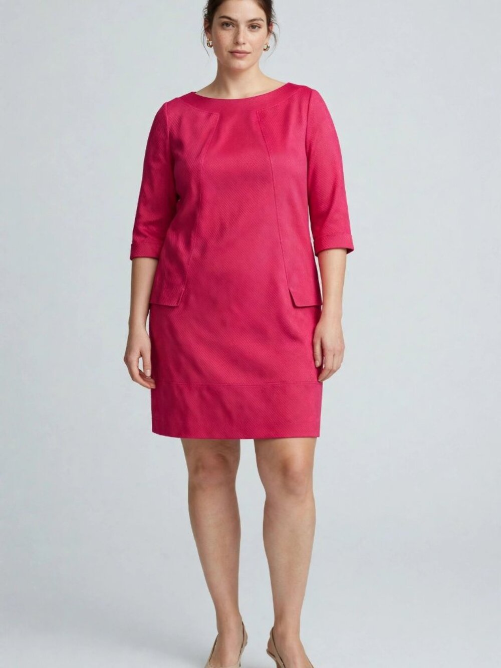 Talbot Runhof Pret Dress Size 12 Pink Checkerboard Jacquard 3/4 Sleeve